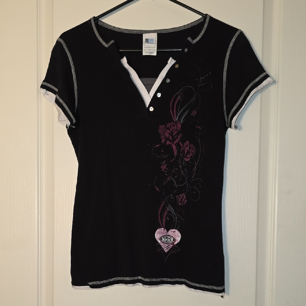 Stylish Black Tee with Pink Floral Design National Hotrod Association